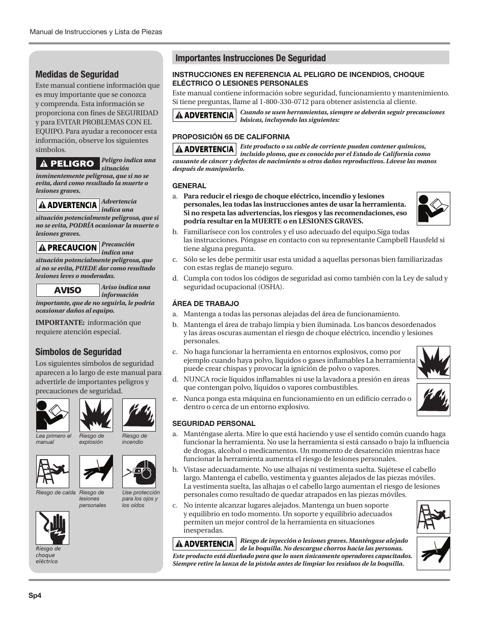 Importantes instrucciones de seguridad, Medidas de seguridad, Símbolos de seguridad | Campbell Hausfeld IN469800AV User Manual | Page 44 / 60