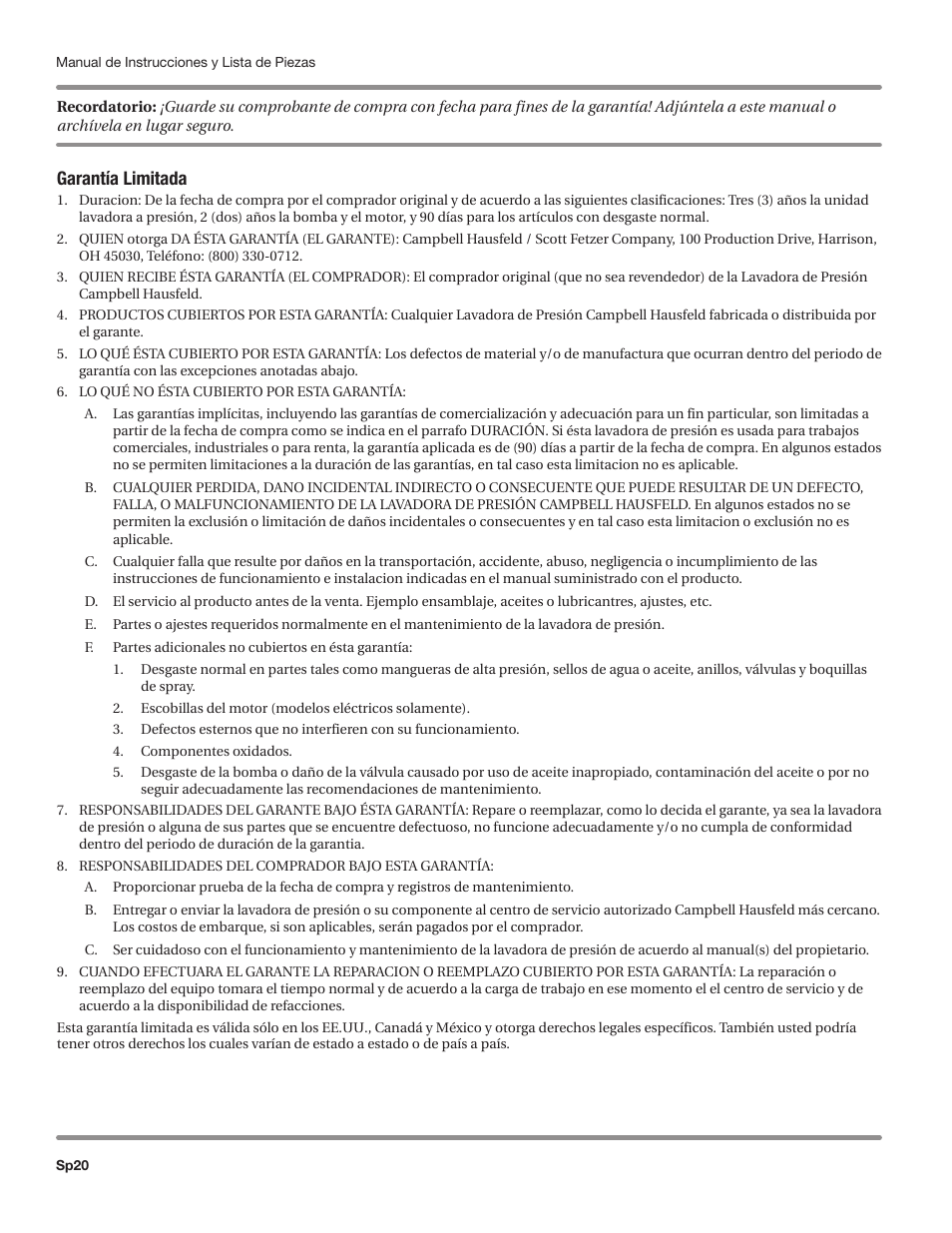 Garantía limitada | Campbell Hausfeld IN469800AV User Manual | Page 60 / 60