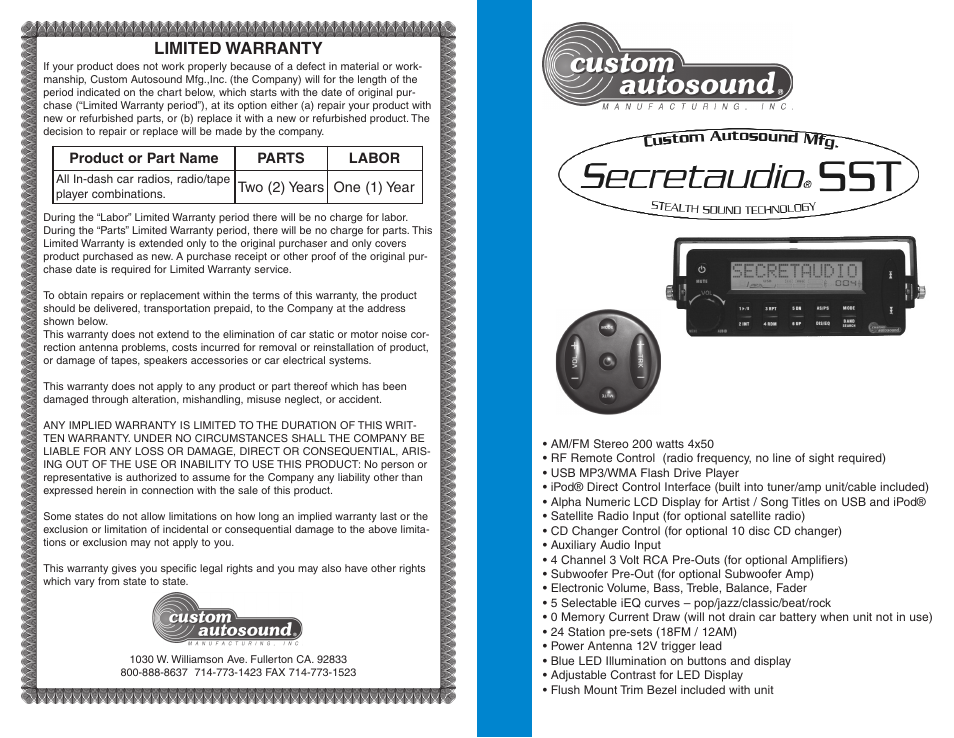 Custom Autosound Secretaudio SST User Manual | 8 pages