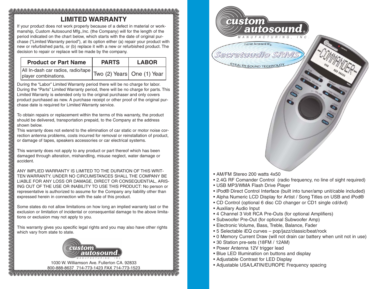 Custom Autosound Secretaudio SRMS User Manual | 8 pages