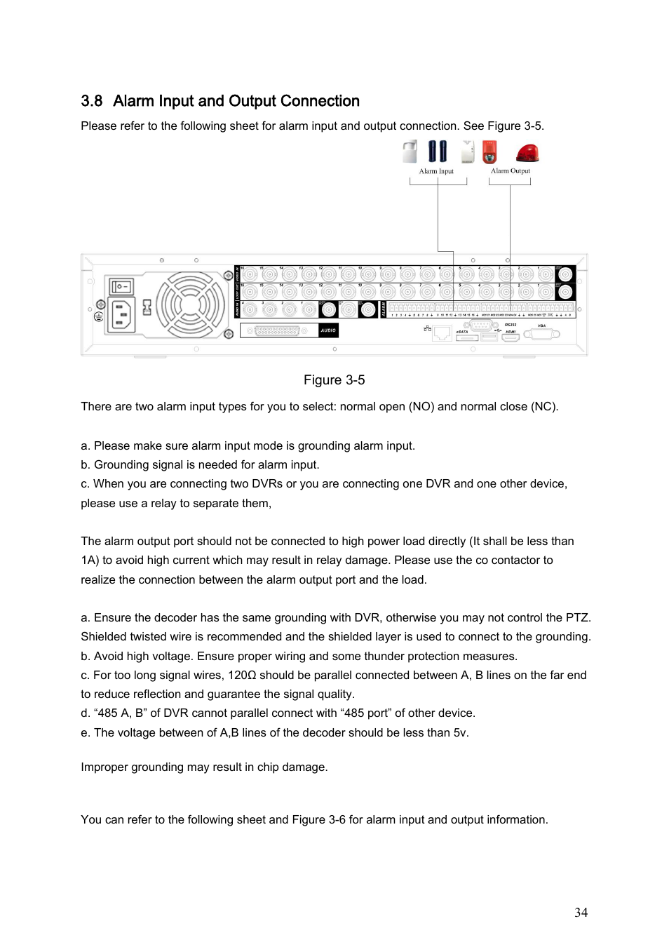 8 alarm input and output connection, 1 alarm input and output details, Alarm input and output connection | Alarm input and output details | Dahua Technology HE-T User Manual | Page 34 / 149