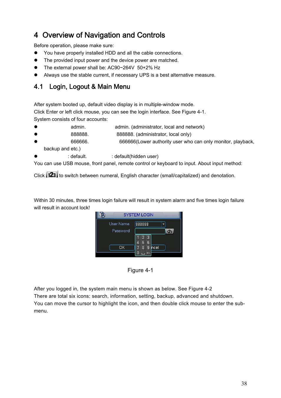 4 overview of navigation and controls, 1 login, logout & main menu, 1 login | 2 main menu, Overview of navigation and controls, Login, logout & main menu, Login, Main menu | Dahua Technology HE-T User Manual | Page 38 / 149