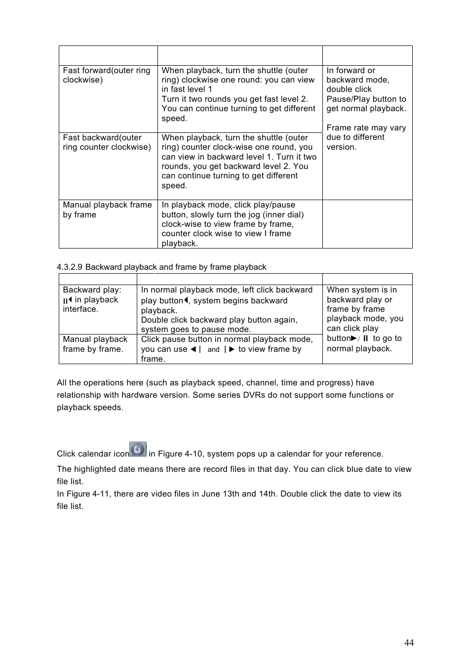 9 backward playback and frame by frame playback, 3 calendar, Calendar | Dahua Technology HE-T User Manual | Page 44 / 149