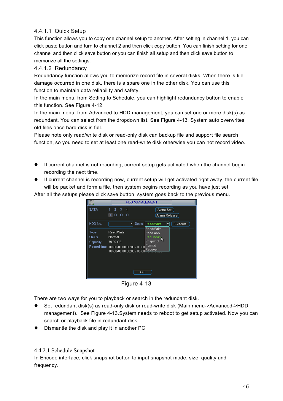 1 quick setup, 2 redundancy, 2 snapshot | 1 schedule snapshot, Snapshot | Dahua Technology HE-T User Manual | Page 46 / 149