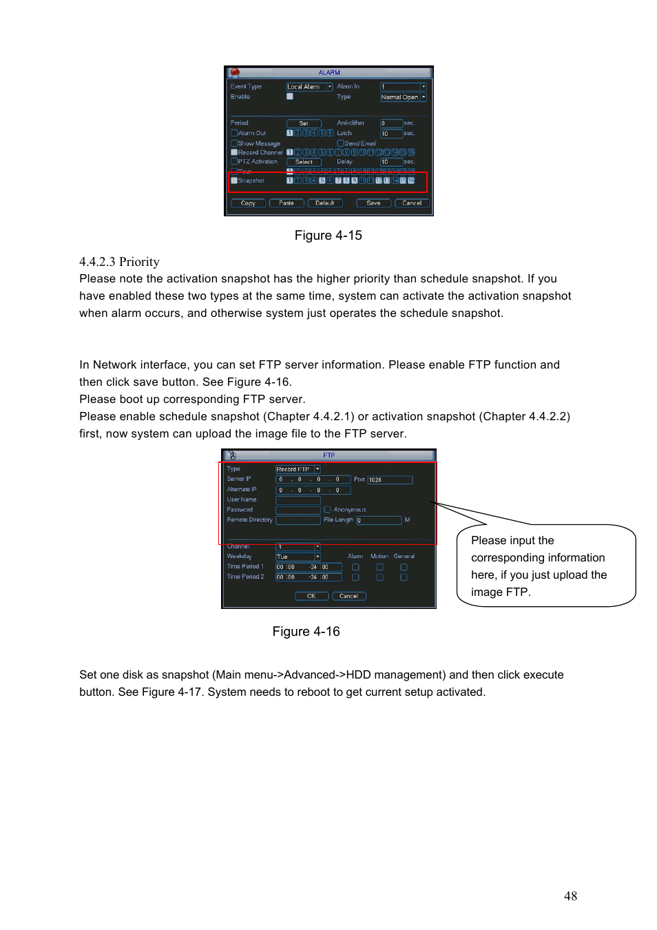 3 priority, 3 image ftp, 4 snapshot disk (for special series only) | Image ftp, Snapshot disk (for special series only) | Dahua Technology HE-T User Manual | Page 48 / 149