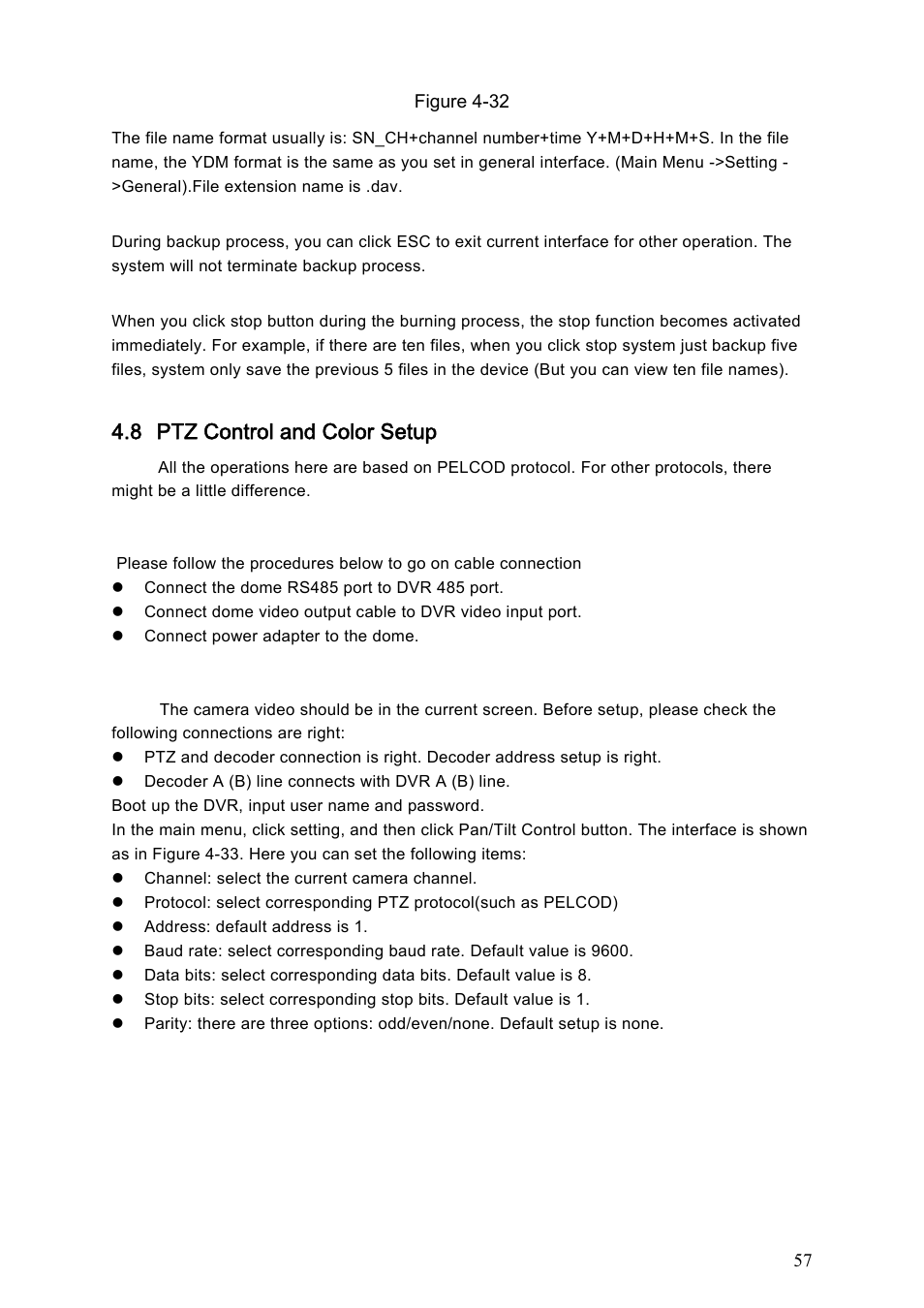 8 ptz control and color setup, 1 cable connection, 2 ptz setup | Ptz control and color setup | Dahua Technology HE-T User Manual | Page 57 / 149