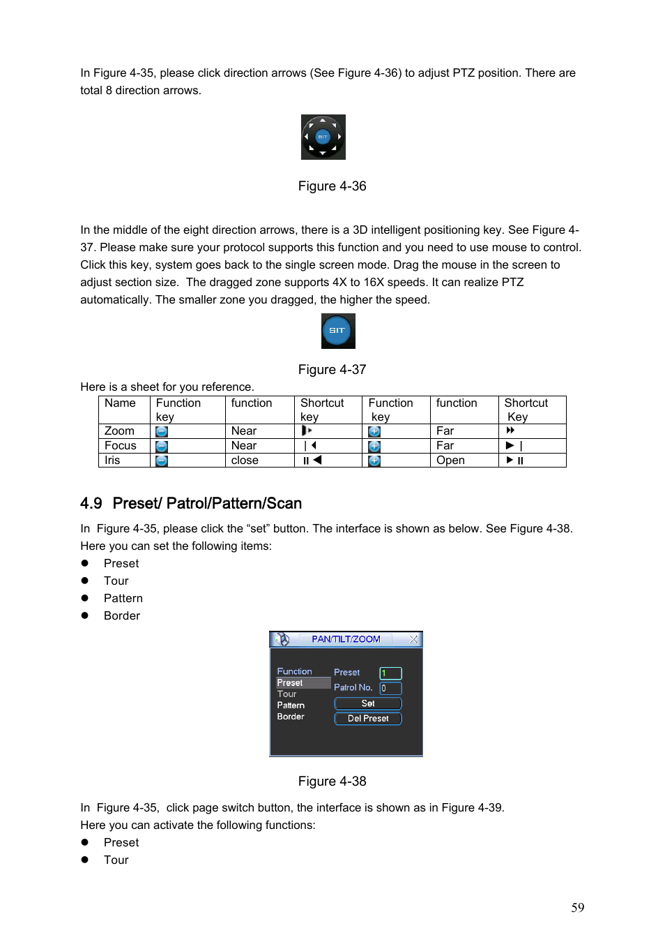 3 3d intelligent positioning key, 9 preset/ patrol/pattern/scan, Preset/ patrol/pattern/scan | Dahua Technology HE-T User Manual | Page 59 / 149