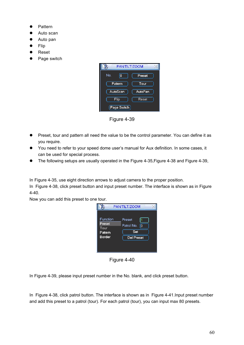 1preset setup, 2 activate preset, 3 patrol setup (tour setup) | Dahua Technology HE-T User Manual | Page 60 / 149