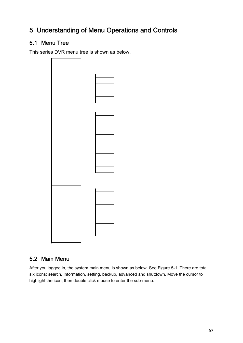 5 understanding of menu operations and controls, 1 menu tree, 2 main menu | Understanding of menu operations and controls, Menu tree, Main menu | Dahua Technology HE-T User Manual | Page 63 / 149
