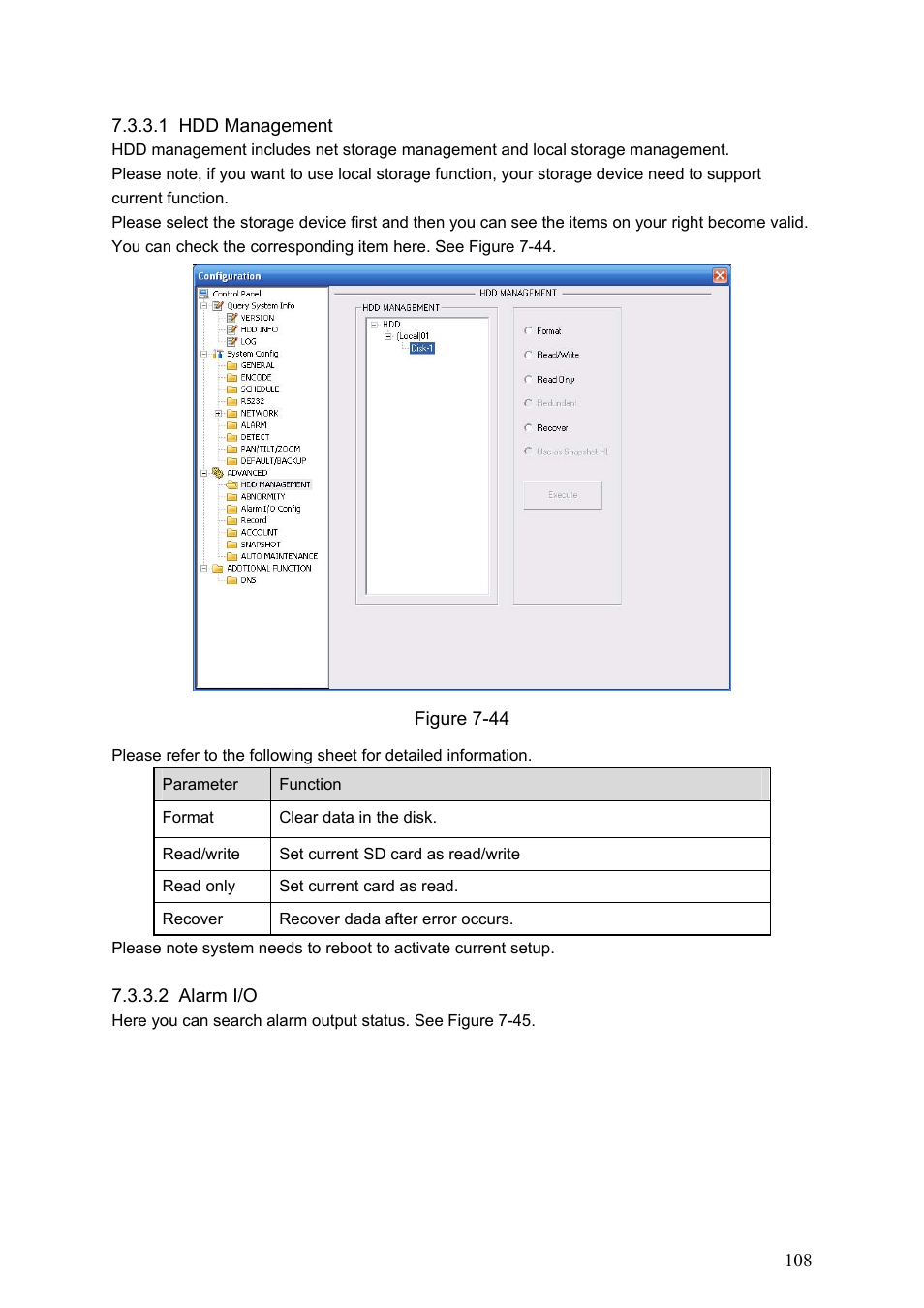 3 advanced, 1 hdd management, 2 alarm i/o | Advanced | Dahua Technology LE-A User Manual | Page 108 / 136