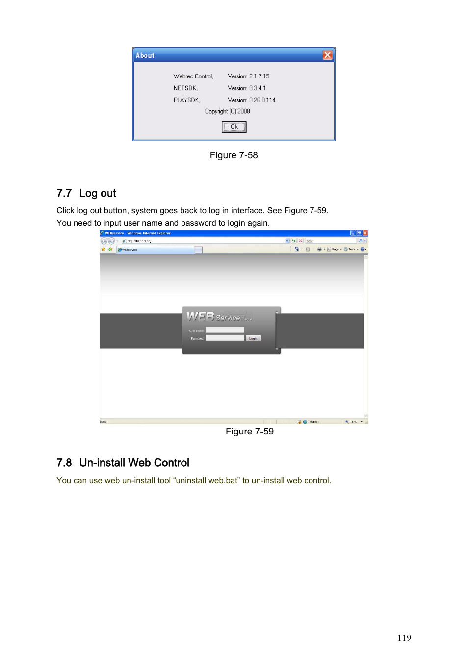 7 log out, 8 un-install web control, Log out | Un-install web control | Dahua Technology LE-A User Manual | Page 119 / 136