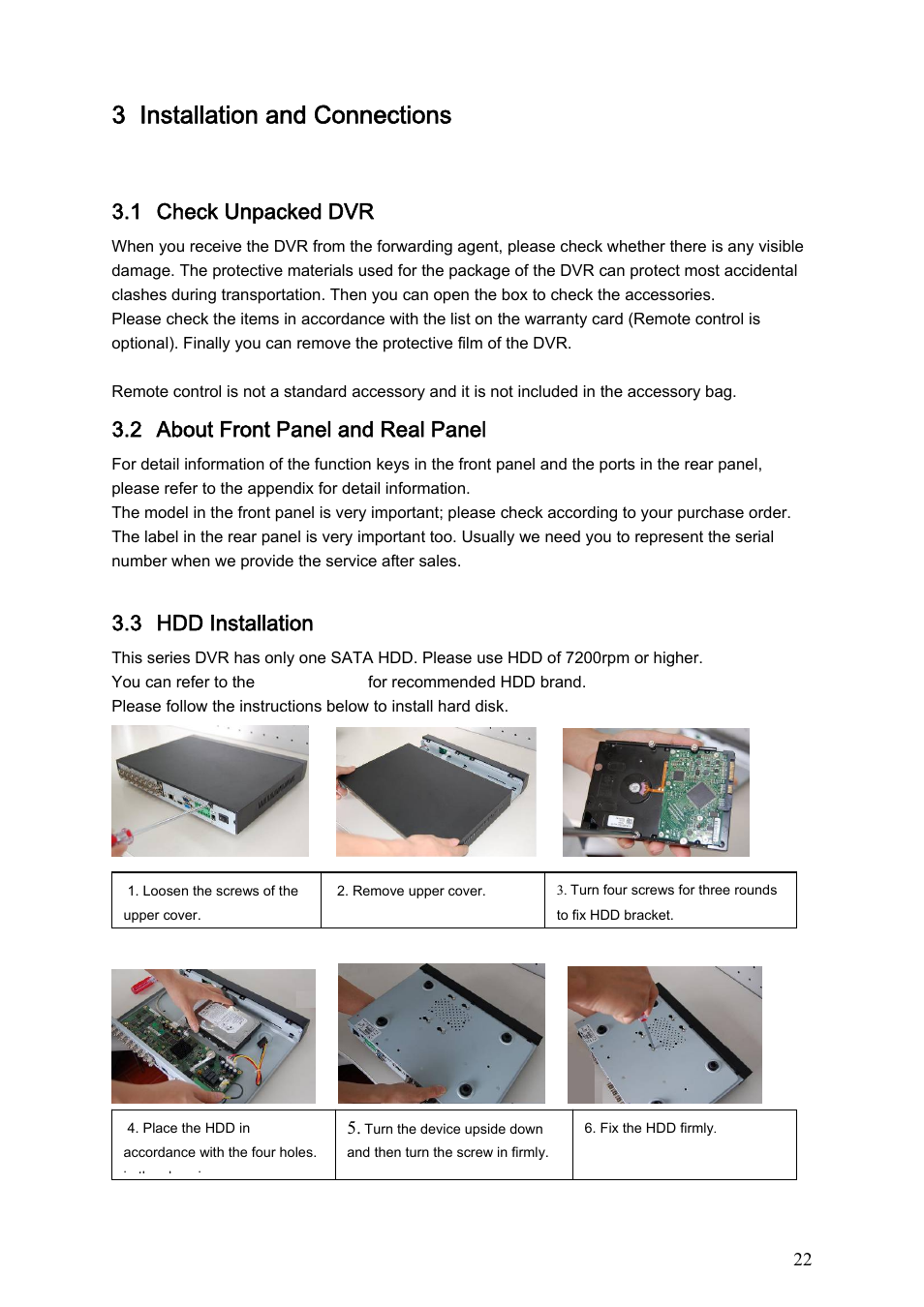 3 installation and connections, 1 check unpacked dvr, 2 about front panel and real panel | 3 hdd installation, Installation and connections, Check unpacked dvr, About front panel and real panel, Hdd installation | Dahua Technology LE-A User Manual | Page 22 / 136