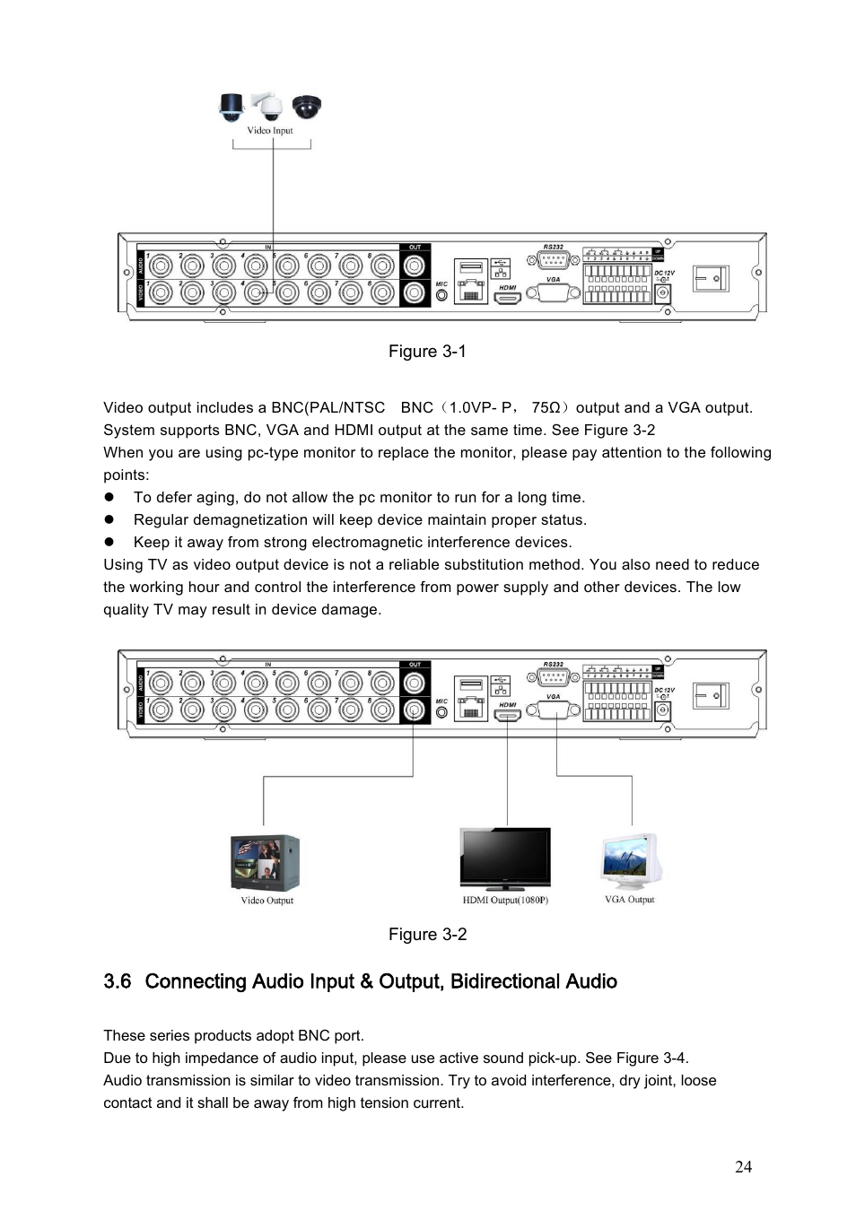 2 connecting video output, 1 audio input, Connecting video output | Audio input | Dahua Technology LE-A User Manual | Page 24 / 136