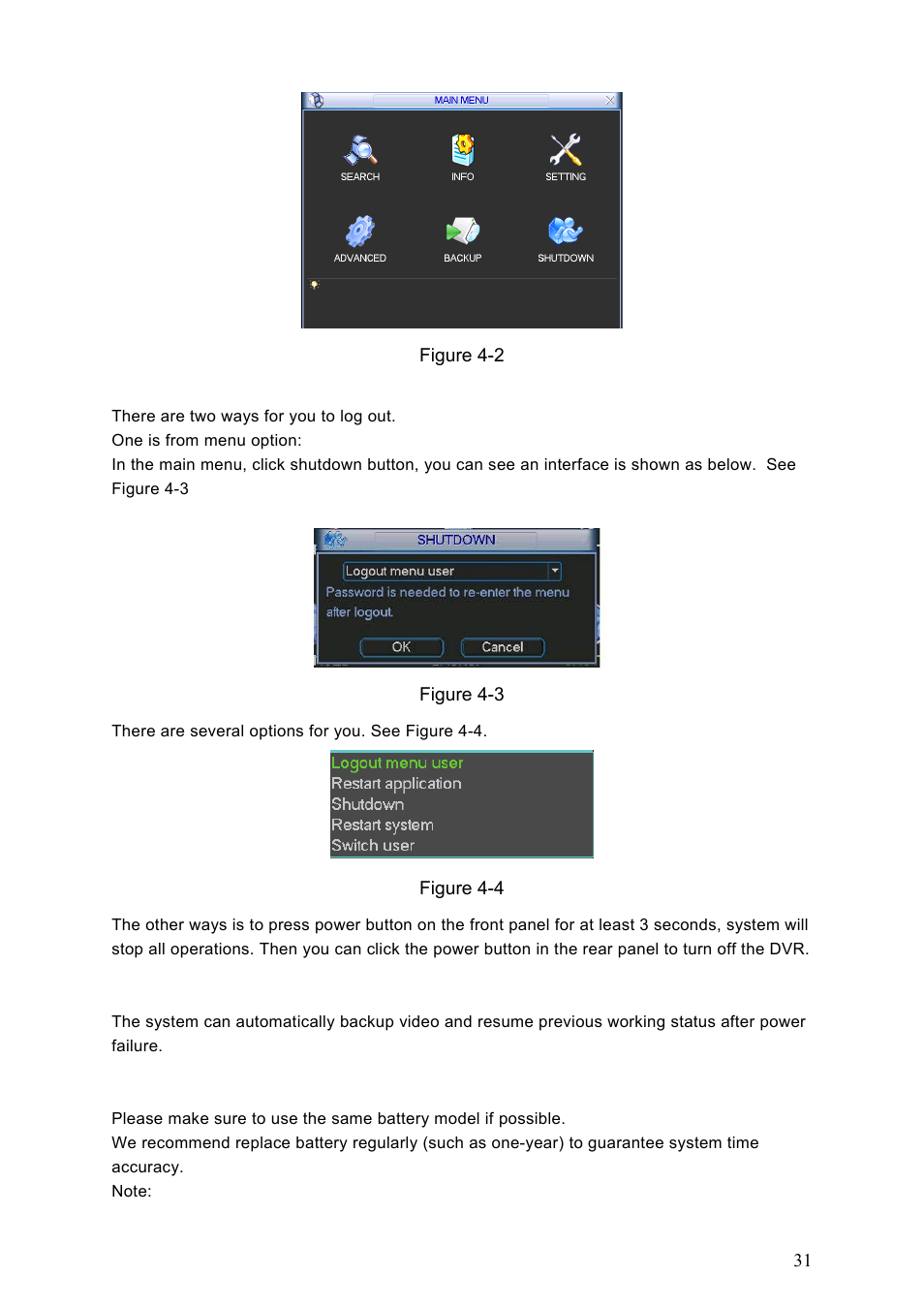 3 logout, 4 auto resume after power failure, 5 replace button battery | Logout, Auto resume after power failure, Replace button battery | Dahua Technology LE-A User Manual | Page 31 / 136