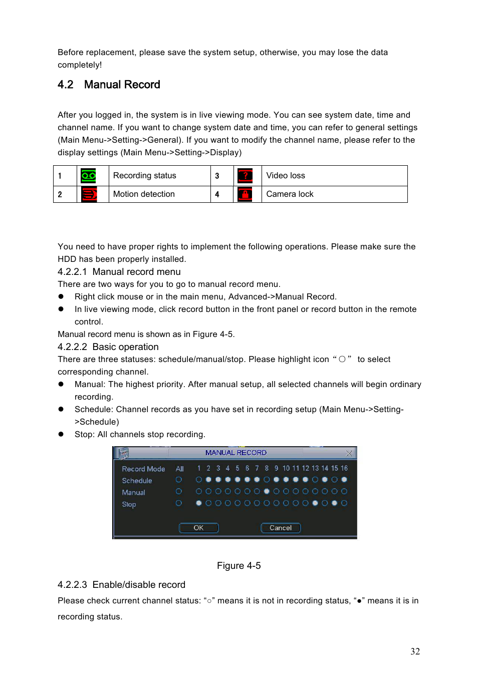 2 manual record, 1 live viewing, 1 manual record menu | 2 basic operation, 3 enable/disable record, Manual record, Live viewing | Dahua Technology LE-A User Manual | Page 32 / 136