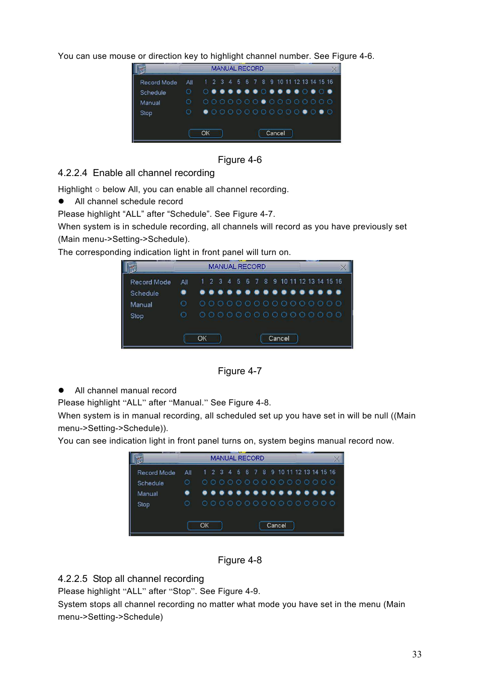 4 enable all channel recording, 5 stop all channel recording | Dahua Technology LE-A User Manual | Page 33 / 136