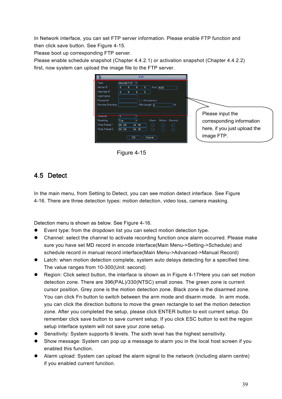 3 image ftp, 5 detect, 1 go to detect menu | 2 motion detect, Image ftp, Detect | Dahua Technology LE-A User Manual | Page 39 / 136