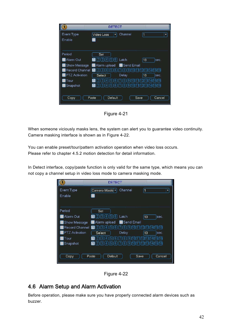 4 camera masking, 6 alarm setup and alarm activation, Alarm setup and alarm activation | Dahua Technology LE-A User Manual | Page 42 / 136