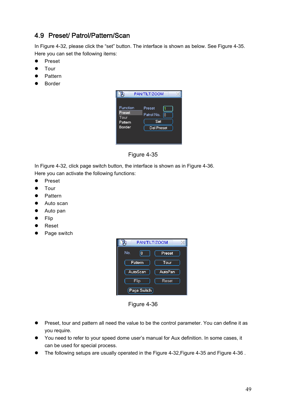 9 preset/ patrol/pattern/scan, 1preset setup, Preset/ patrol/pattern/scan | Dahua Technology LE-A User Manual | Page 49 / 136