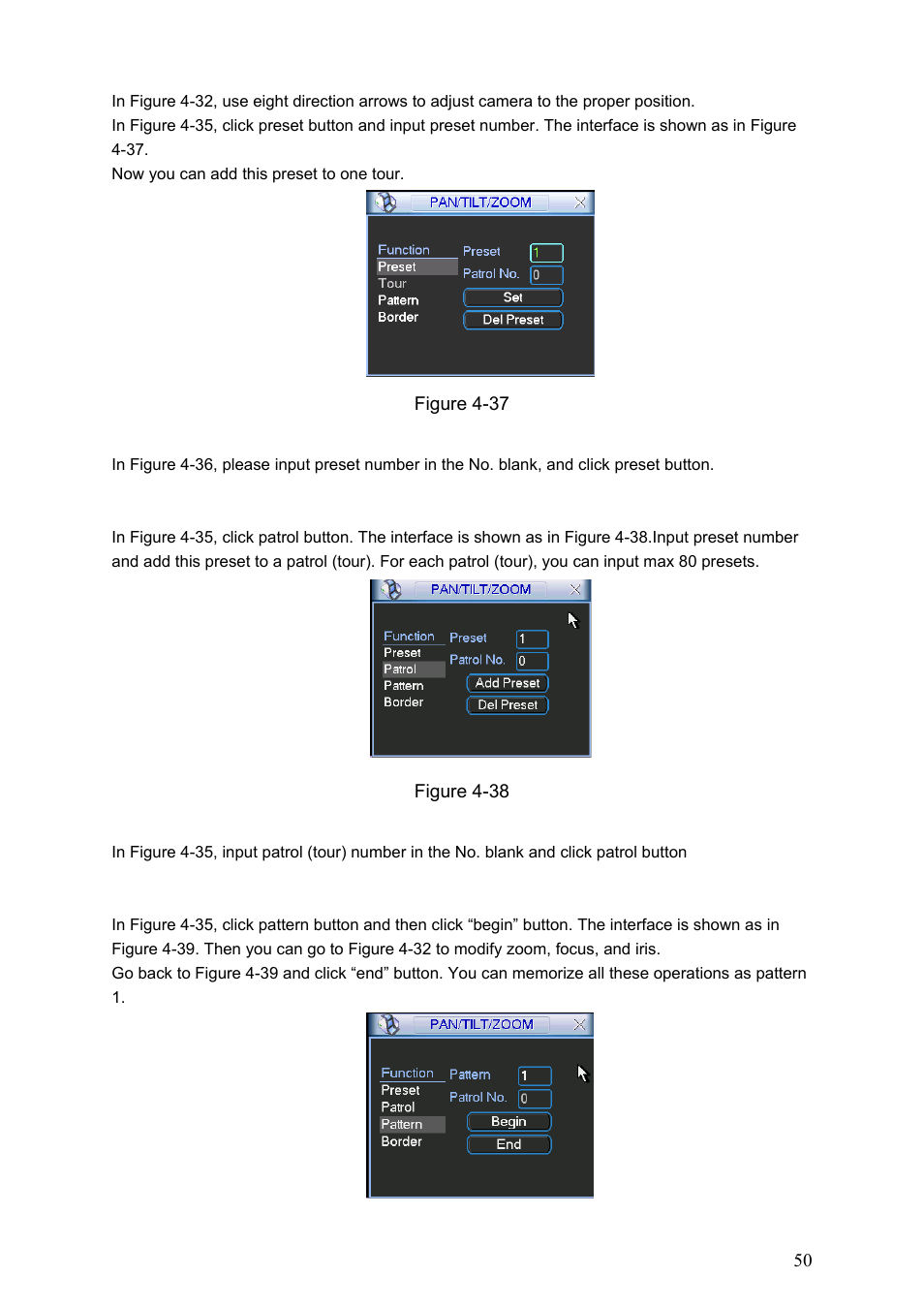 2 activate preset, 3 patrol setup (tour setup), 4 activate patrol (tour) | 5 pattern setup | Dahua Technology LE-A User Manual | Page 50 / 136