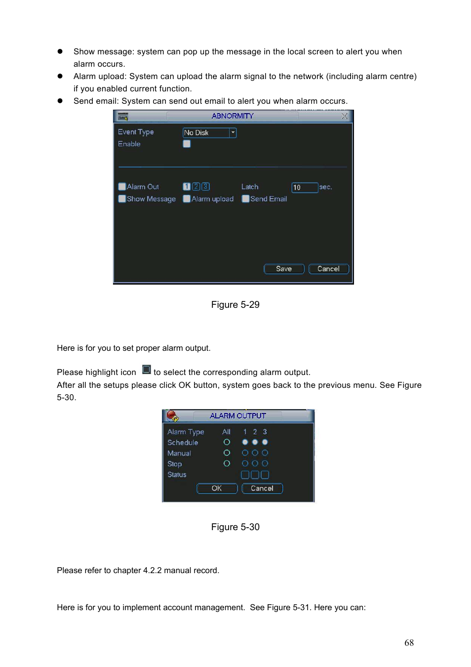 3 alarm output, 4 manual record, 5 account | Alarm output, Manual record, Account | Dahua Technology LE-A User Manual | Page 68 / 136