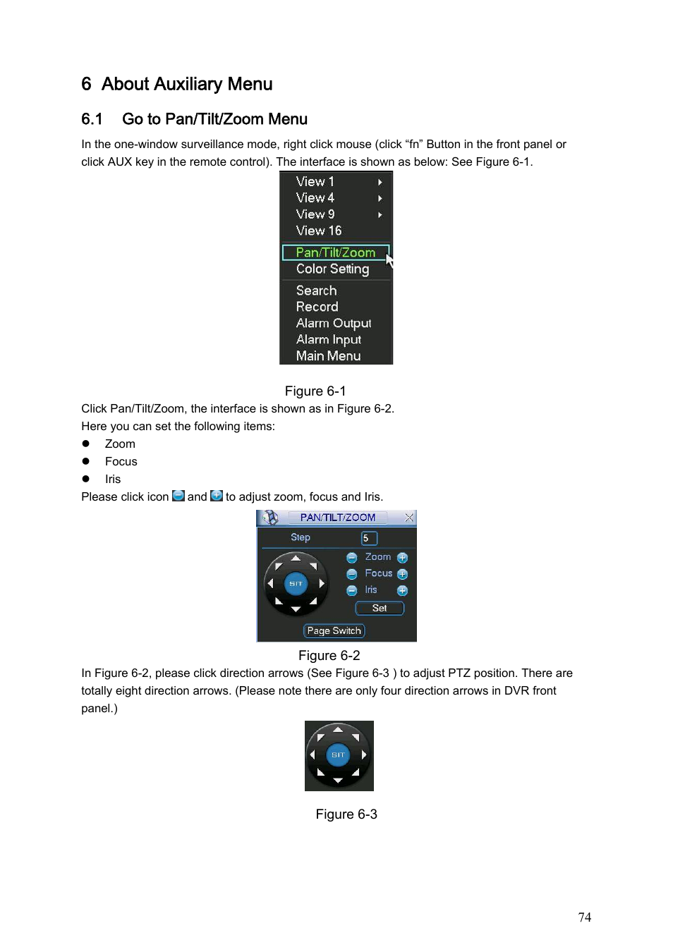 6 about auxiliary menu, 1 go to pan/tilt/zoom menu, 1 3d intelligent positioning key | About auxiliary menu, Go to pan/tilt/zoom menu, 3d intelligent positioning key | Dahua Technology LE-A User Manual | Page 74 / 136