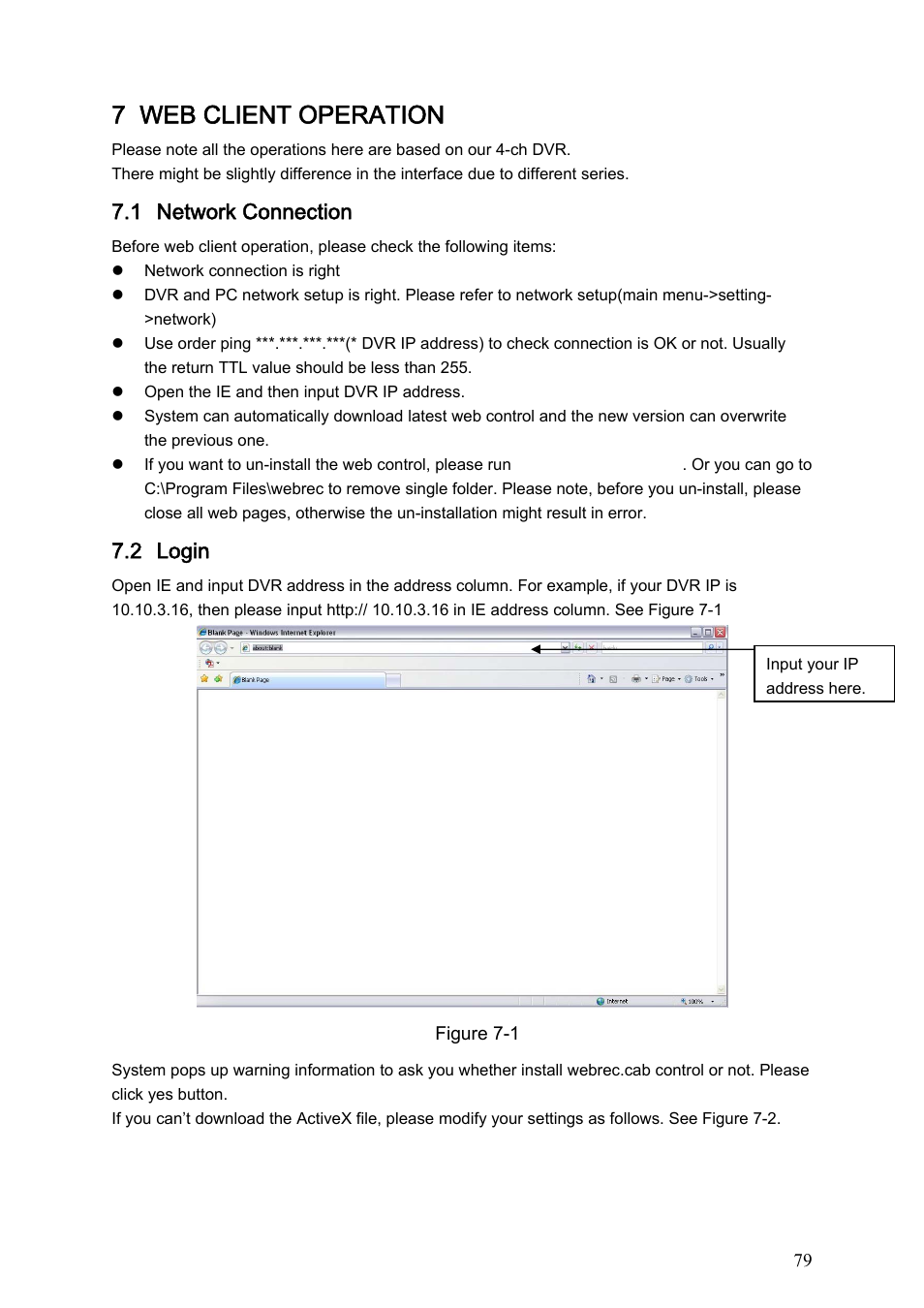 7 web client operation, 1 network connection, 2 login | Web client operation, Network connection, Login | Dahua Technology LE-A User Manual | Page 79 / 136