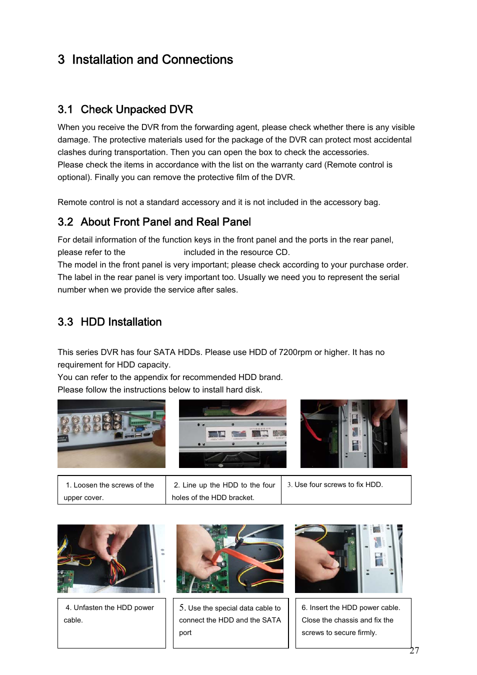 3 installation and connections, 1 check unpacked dvr, 2 about front panel and real panel | 3 hdd installation | Dahua Technology LE-L User Manual | Page 27 / 149