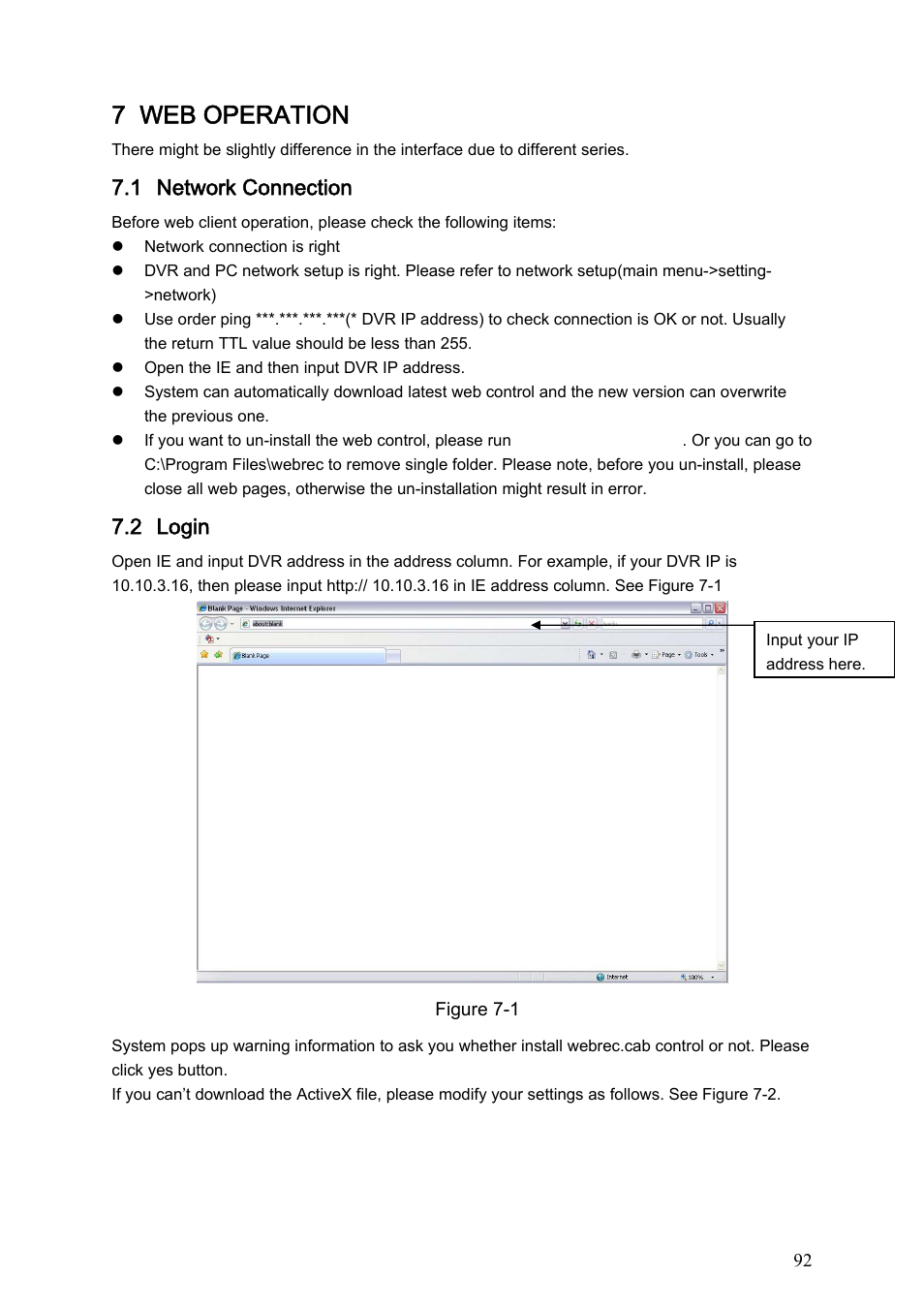 7 web operation, 1 network connection, 2 login | Dahua Technology LE-L User Manual | Page 92 / 149