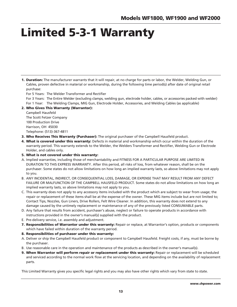 Limited 5-3-1 warranty | Campbell Hausfeld WIRE FEED WF1900 User Manual | Page 13 / 40