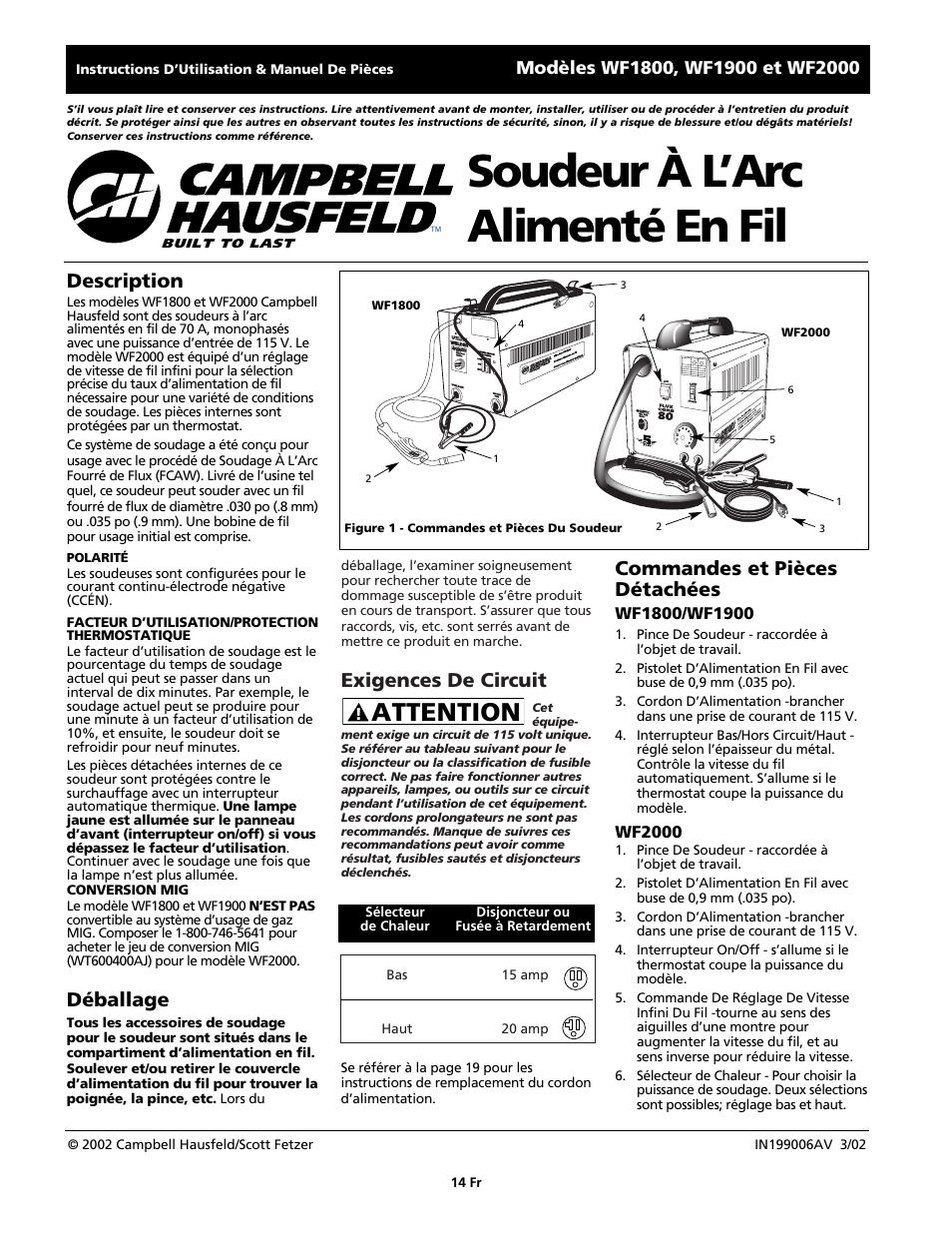 Soudeur à l’arc alimenté en fil, Attention, Exigences de circuit | Commandes et pièces détachées, Description, Déballage, Wf2000, Flux core, Buil t to last | Campbell Hausfeld WIRE FEED WF1900 User Manual | Page 14 / 40