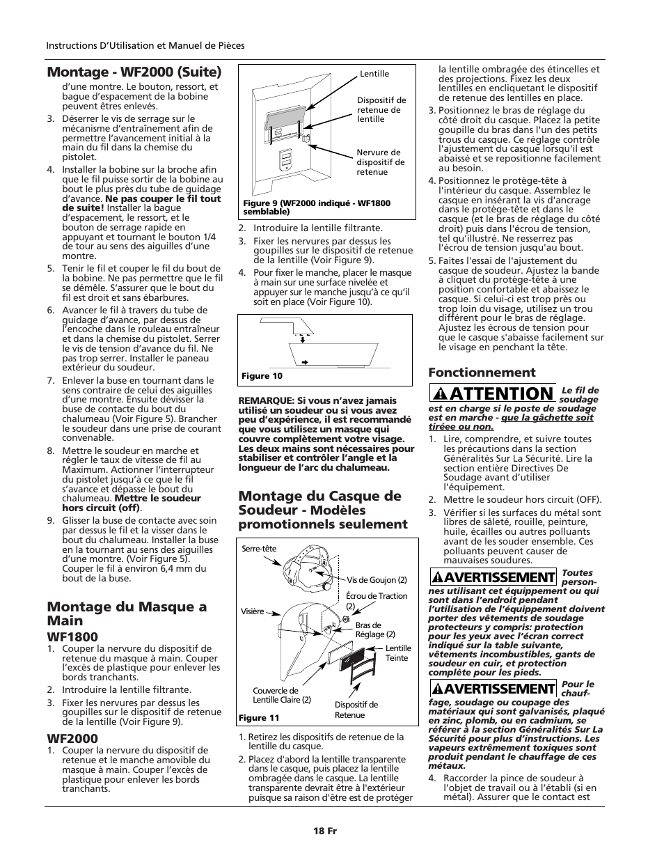Attention, Montage - wf2000 (suite), Montage du masque a main | Montage du casque de soudeur, Avertissement, Wf1800, Wf2000, Modèles promotionnels seulement, Fonctionnement | Campbell Hausfeld WIRE FEED WF1900 User Manual | Page 18 / 40