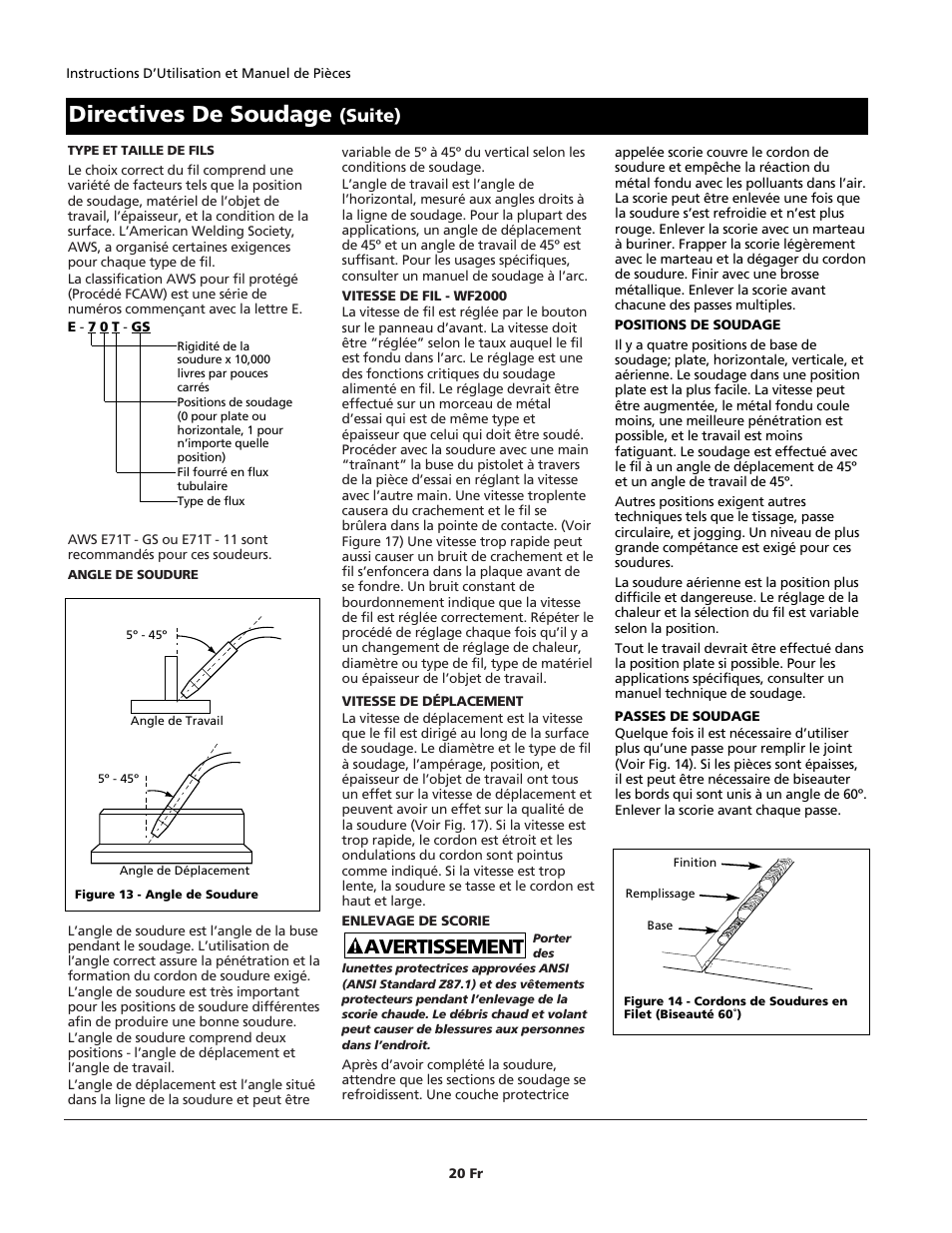 Directives de soudage, Avertissement, Suite) | Campbell Hausfeld WIRE FEED WF1900 User Manual | Page 20 / 40