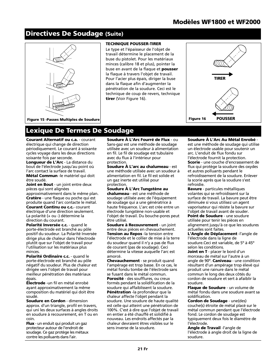 Lexique de termes de soudage, Directives de soudage | Campbell Hausfeld WIRE FEED WF1900 User Manual | Page 21 / 40