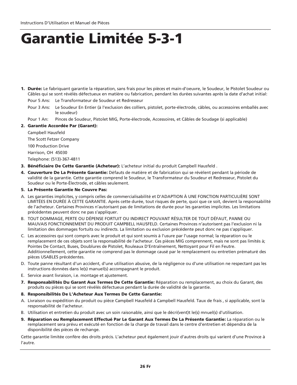 Garantie limitée 5-3-1 | Campbell Hausfeld WIRE FEED WF1900 User Manual | Page 26 / 40
