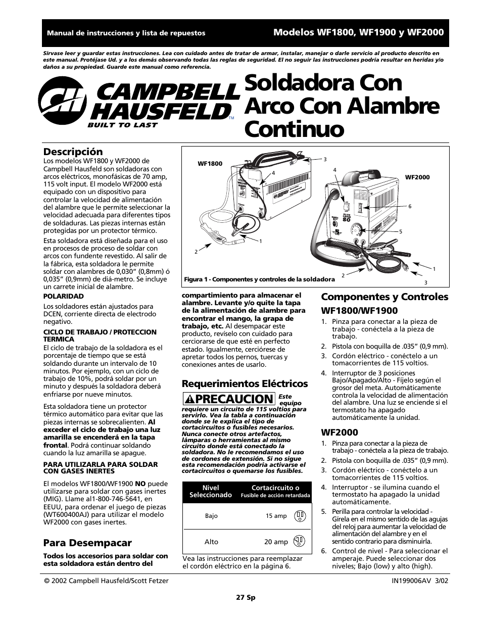 Soldadora con arco con alambre continuo, Precaucion, Requerimientos eléctricos | Descripción, Para desempacar, Componentes y controles, Wf2000, Flux core, Buil t to last | Campbell Hausfeld WIRE FEED WF1900 User Manual | Page 27 / 40
