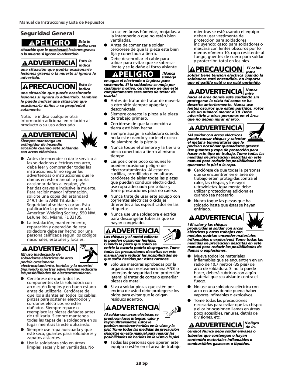 Peligro, Precaucion, Advertencia | Seguridad general | Campbell Hausfeld WIRE FEED WF1900 User Manual | Page 28 / 40