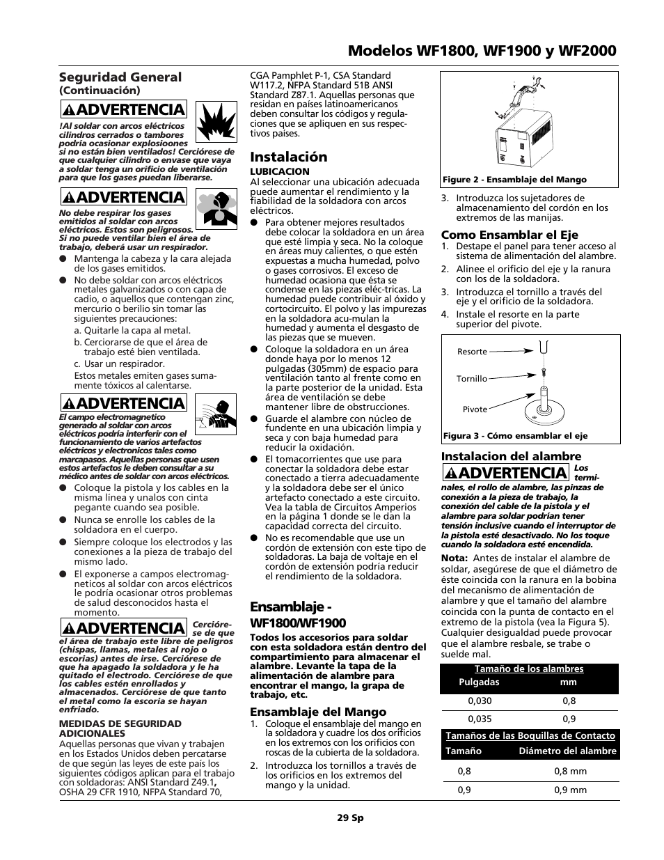 Advertencia, Instalación, Ensamblaje | Seguridad general | Campbell Hausfeld WIRE FEED WF1900 User Manual | Page 29 / 40
