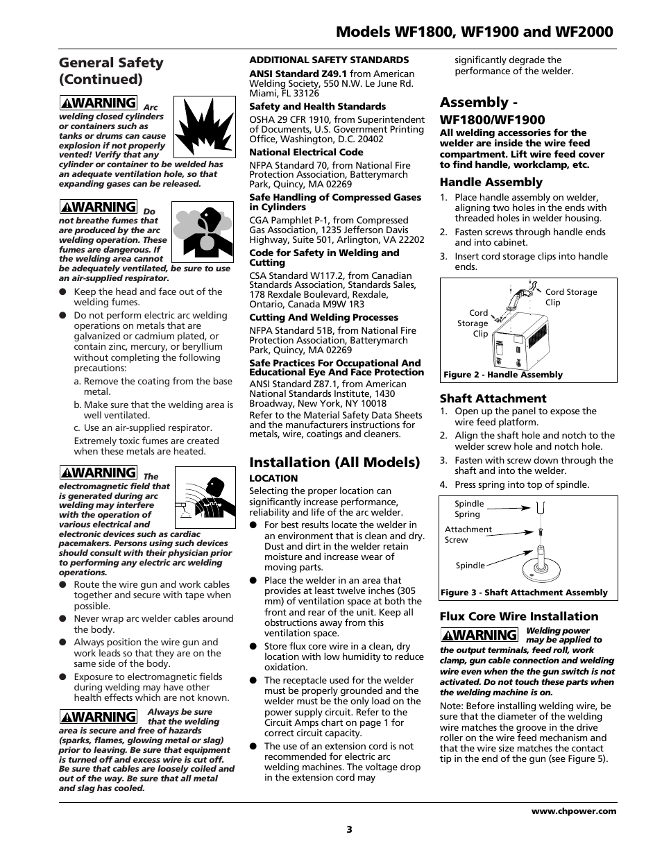 Warning, General safety (continued), Assembly | Installation (all models) | Campbell Hausfeld WIRE FEED WF1900 User Manual | Page 3 / 40