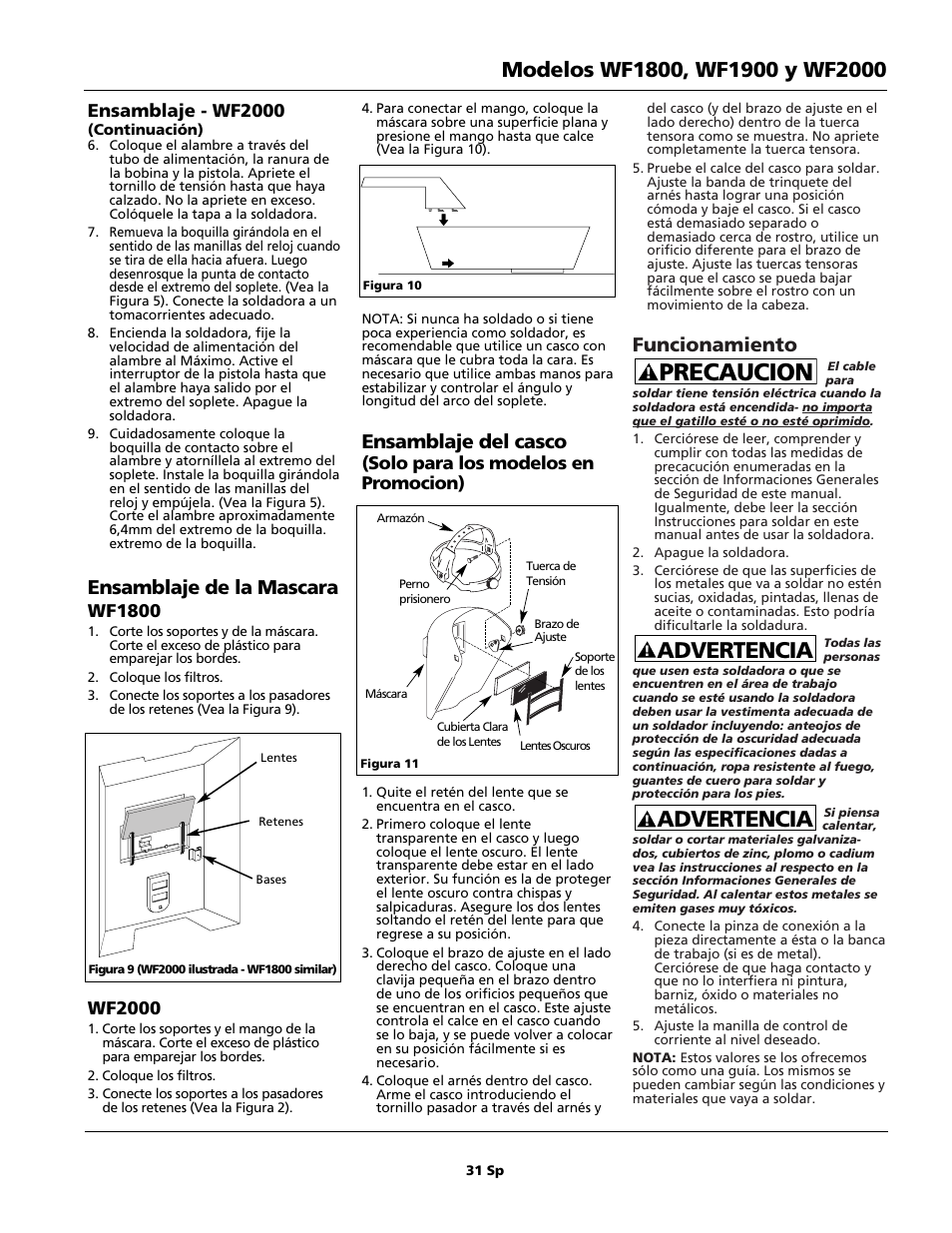 Precaucion, Advertencia, Funcionamiento | Ensamblaje de la mascara, Ensamblaje del casco, Ensamblaje - wf2000, Wf1800, Wf2000, Solo para los modelos en promocion) | Campbell Hausfeld WIRE FEED WF1900 User Manual | Page 31 / 40