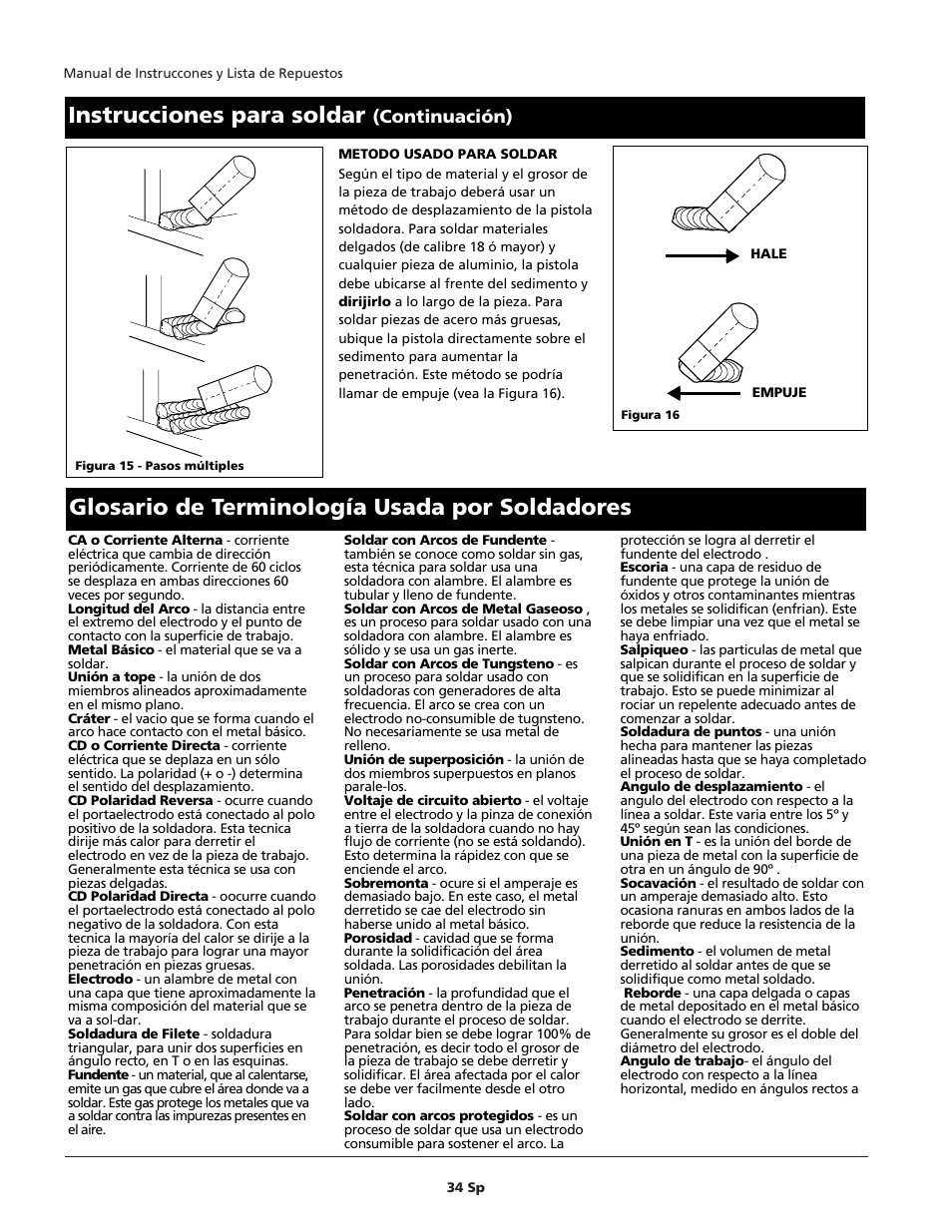 Glosario de terminología usada por soldadores, Instrucciones para soldar, Continuación) | Campbell Hausfeld WIRE FEED WF1900 User Manual | Page 34 / 40