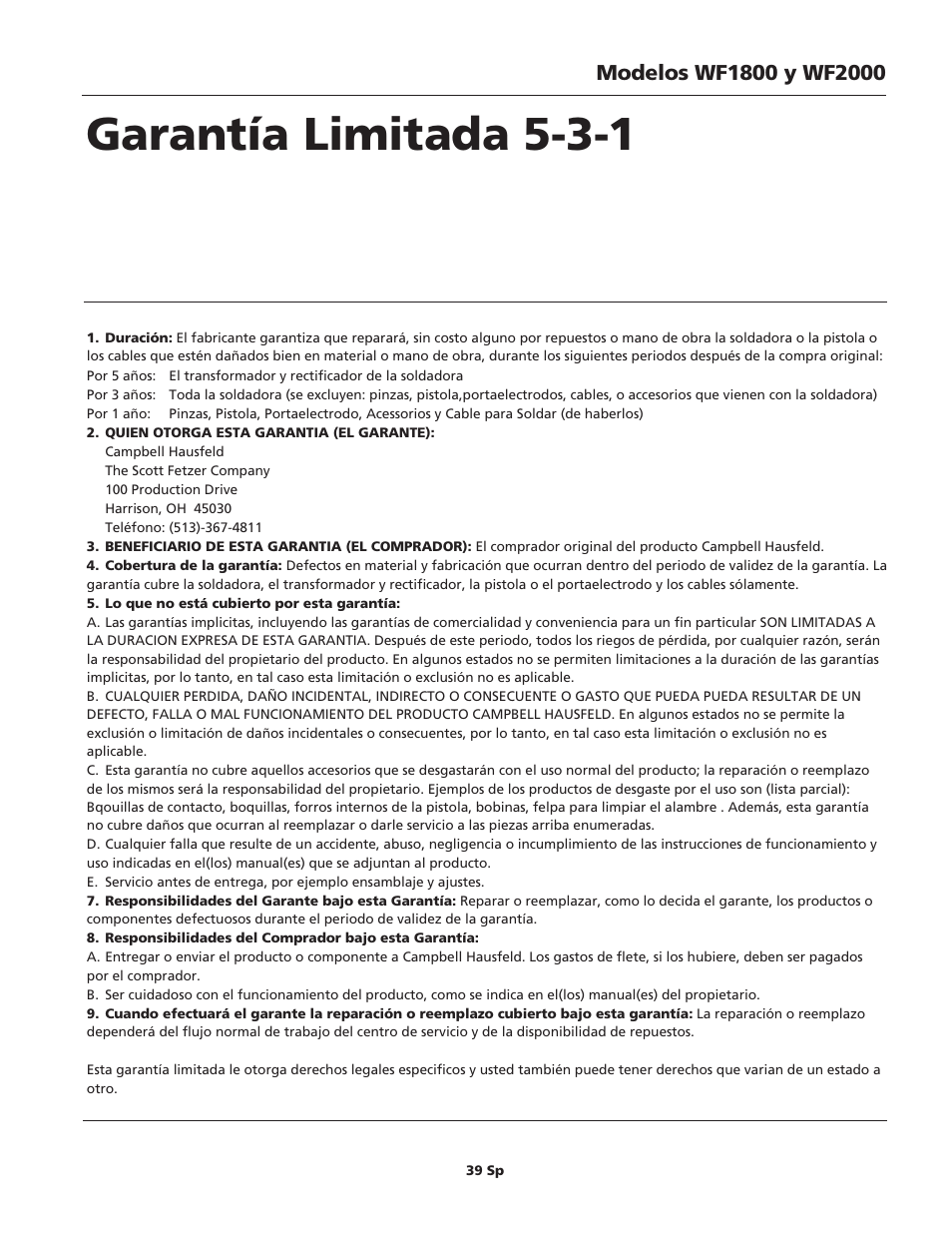 Garantía limitada 5-3-1 | Campbell Hausfeld WIRE FEED WF1900 User Manual | Page 39 / 40