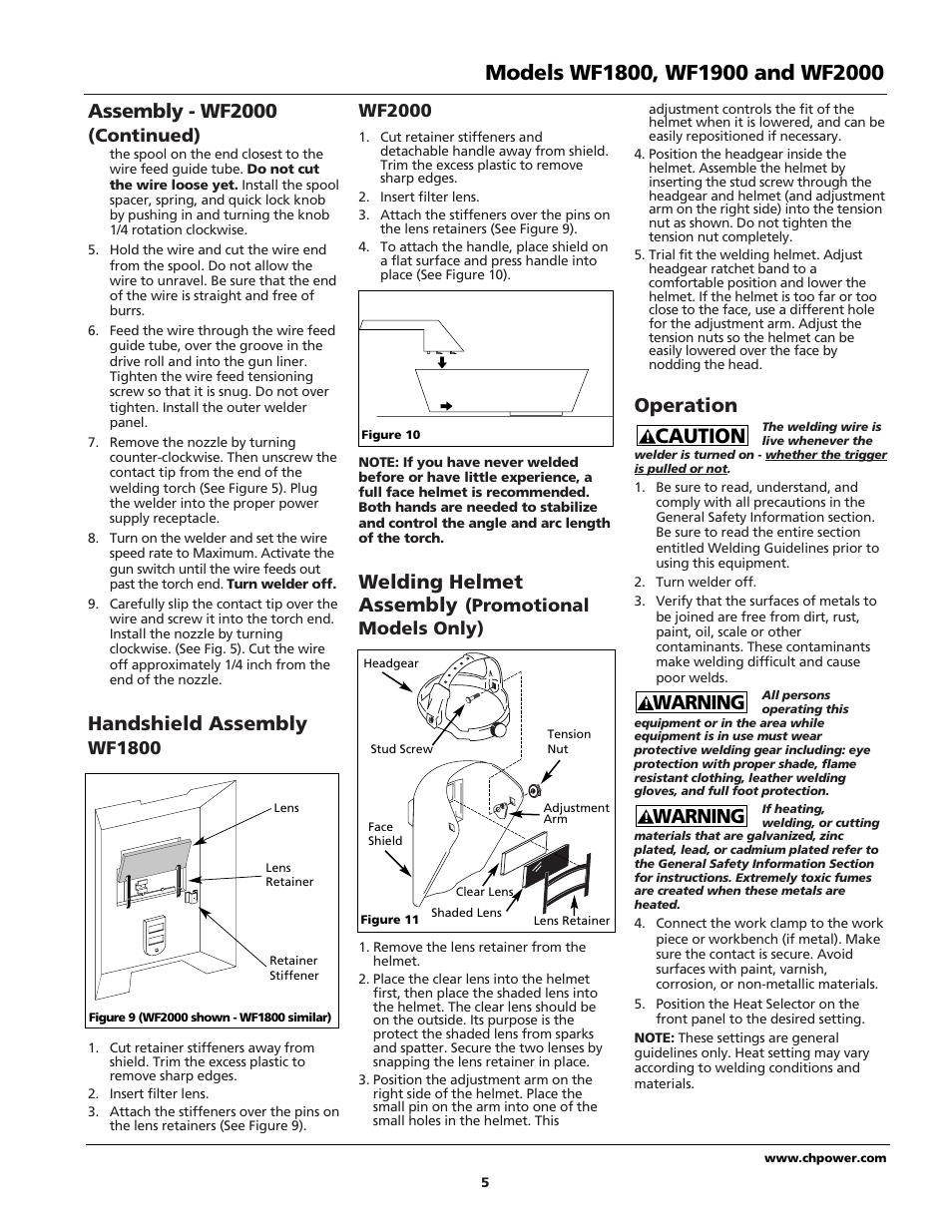 Warning, Caution, Assembly - wf2000 | Handshield assembly, Welding helmet assembly, Operation, Continued), Wf1800, Wf2000, Promotional models only) | Campbell Hausfeld WIRE FEED WF1900 User Manual | Page 5 / 40