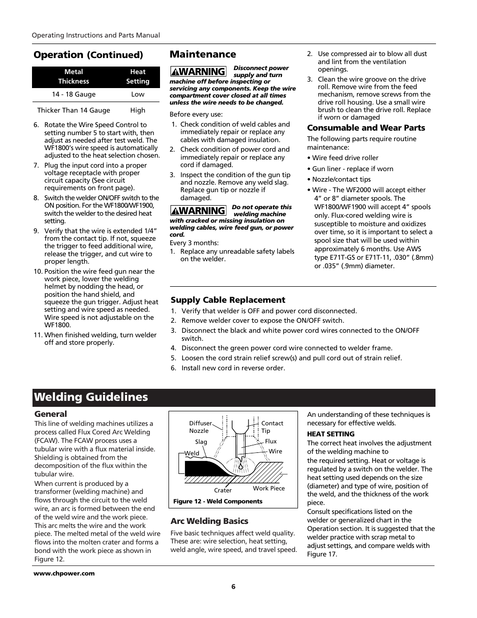 Welding guidelines, Warning, Operation | Maintenance, Continued) | Campbell Hausfeld WIRE FEED WF1900 User Manual | Page 6 / 40