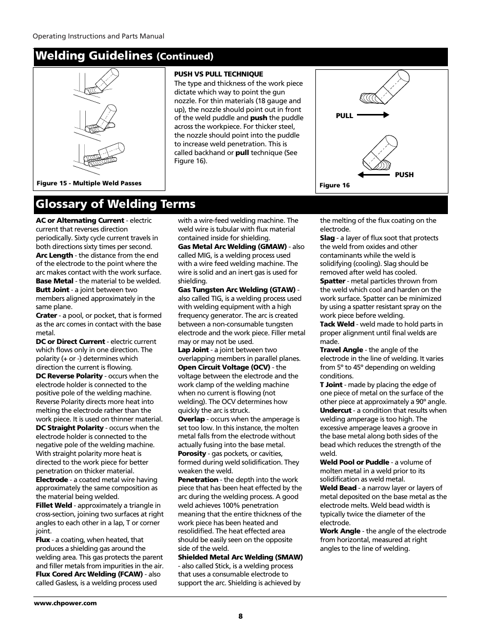 Glossary of welding terms, Welding guidelines, Continued) | Campbell Hausfeld WIRE FEED WF1900 User Manual | Page 8 / 40