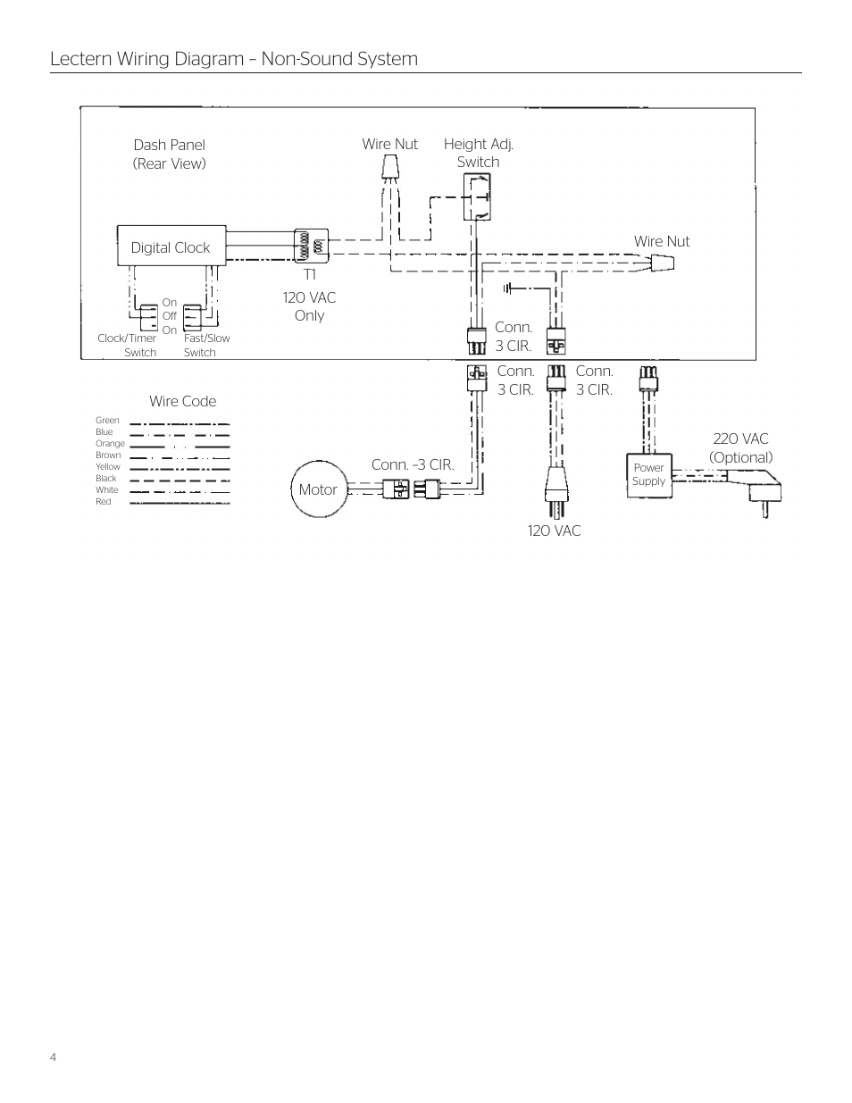 Lectern wiring diagram – non-sound system | Da-Lite ADA Lectern User Manual | Page 4 / 8