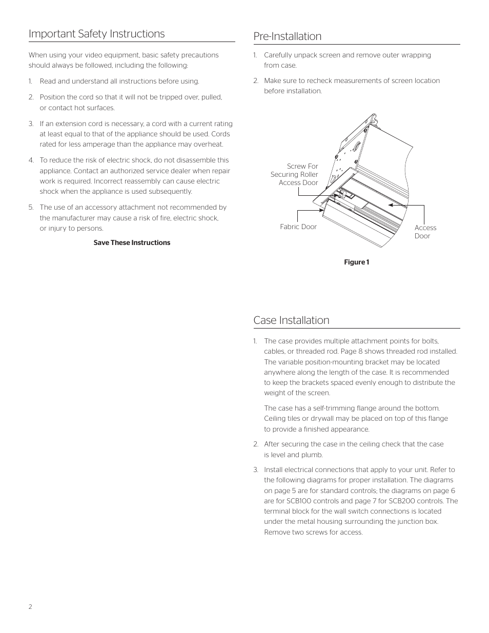 Case installation important safety instructions, Pre-installation | Da-Lite Advantage Deluxe Electrol User Manual | Page 2 / 12