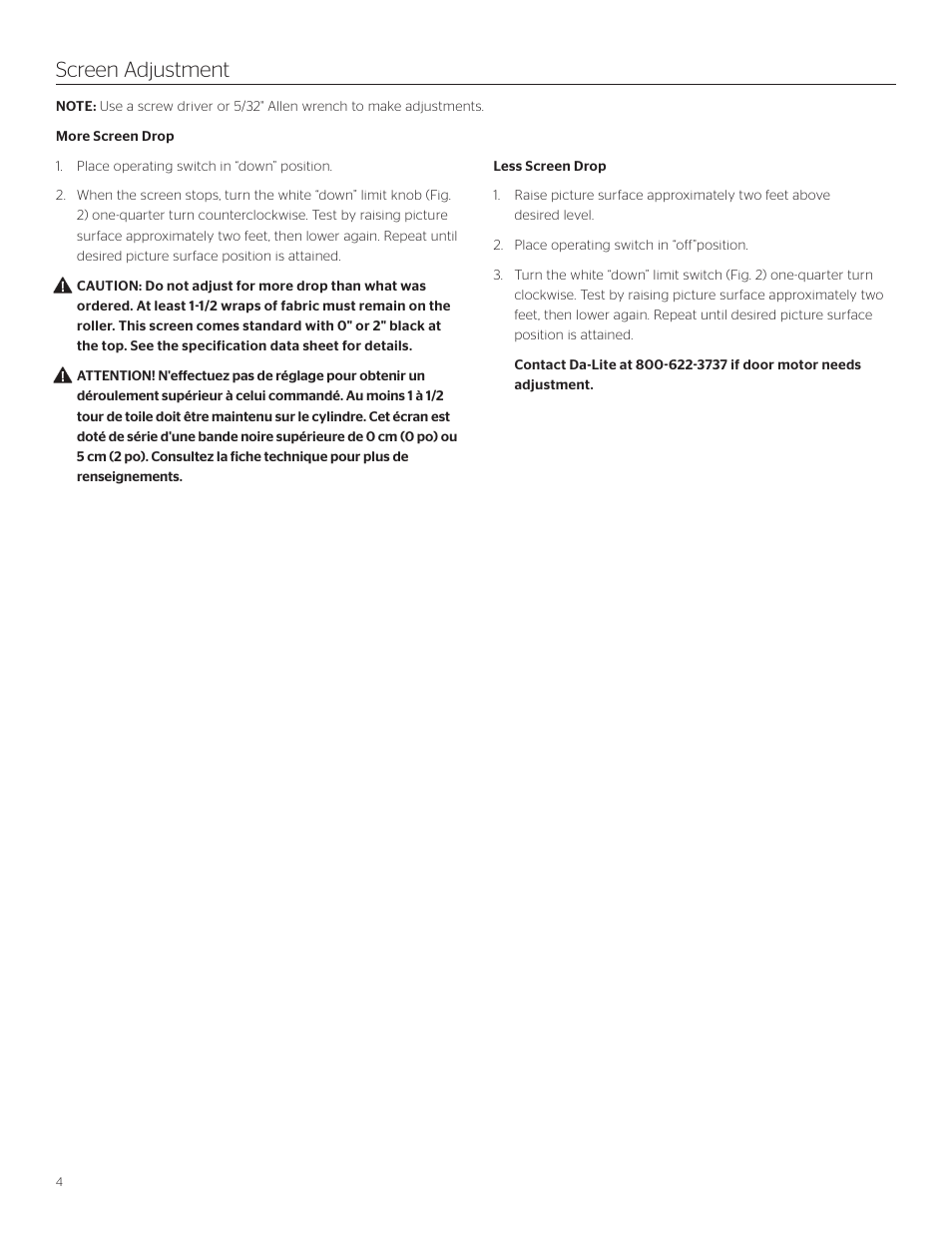 Screen adjustment | Da-Lite Advantage Deluxe Electrol User Manual | Page 4 / 12