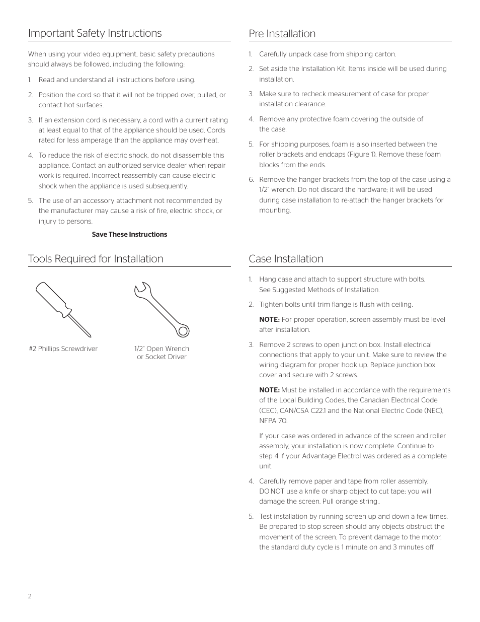 Tools required for installation, Case installation important safety instructions, Pre-installation | Da-Lite Advantage Electrol User Manual | Page 2 / 12