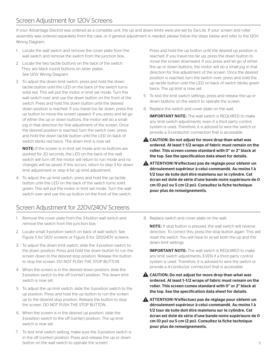 Screen adjustment for 120v screens | Da-Lite Advantage Electrol User Manual | Page 5 / 12